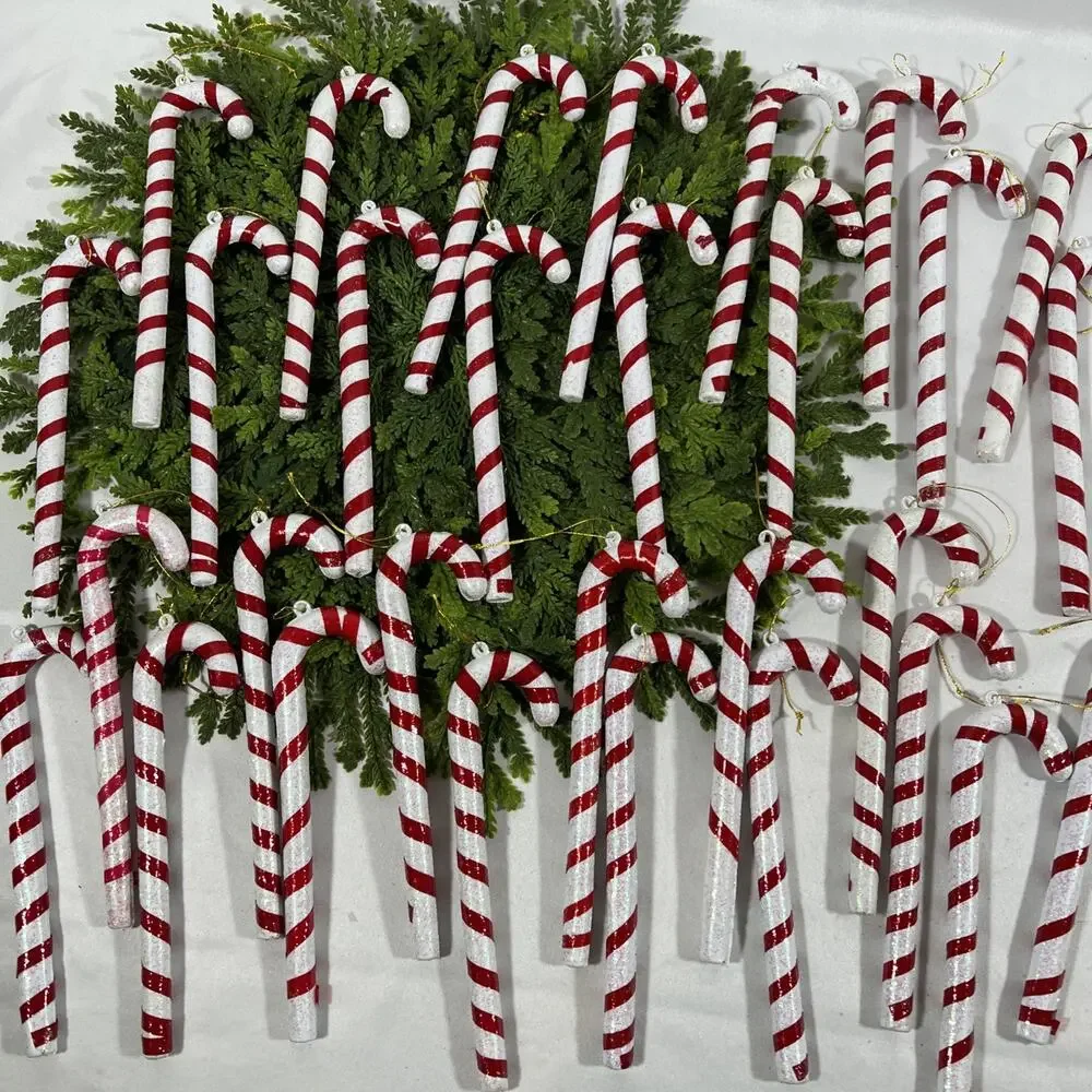 Vintage Lot/30 Candy Cane Cello Blow Mold Blown Plastic Ornaments 6.5” Glitter